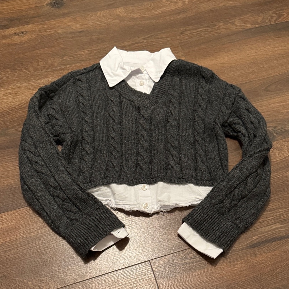 Anthropologie Pilcro Cropped Cable Knit Sweater XXS Gray Layered Collar Preppy